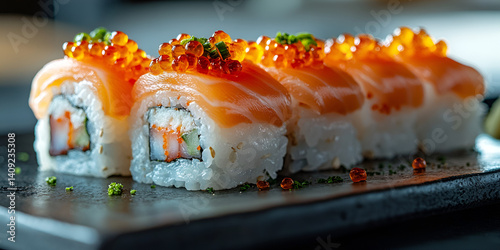  Delicious sushi with salmon and roe, fresh Japanese food, gourmet sushi rolls