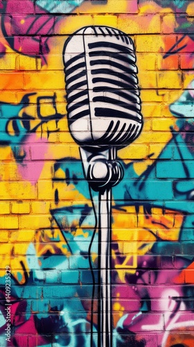 Colorful graffiti background featuring a microphone mural perfect for music and art enthusiasts
