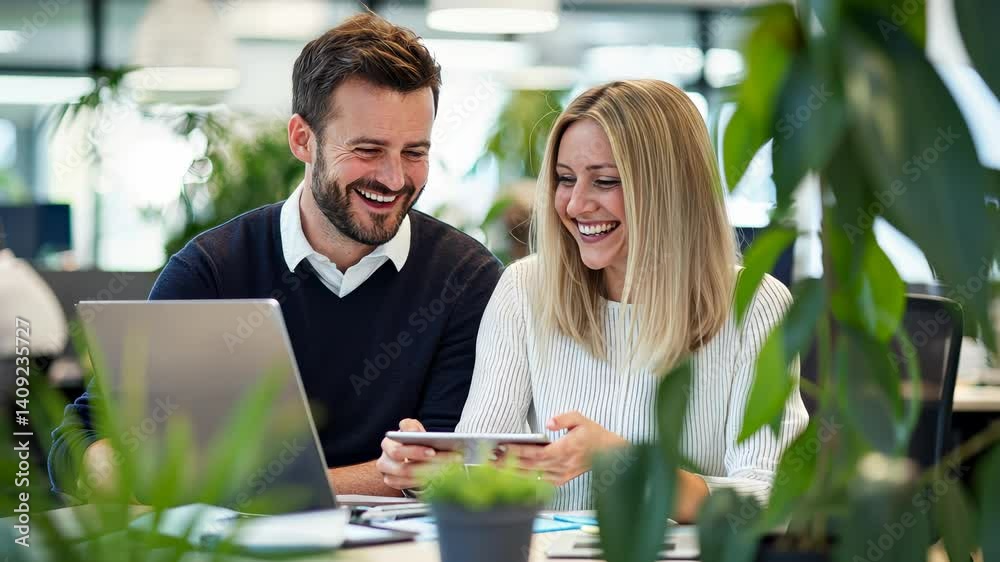 man and woman share a laugh while working at and desks in a office. They contemporary look at a tablet together, creating a collaborative their friendly work environment video 4k man and woman share a laugh while working at and desks in a office. They contemporary look at a tablet together, creating a collaborative their friendly work environment video 4k