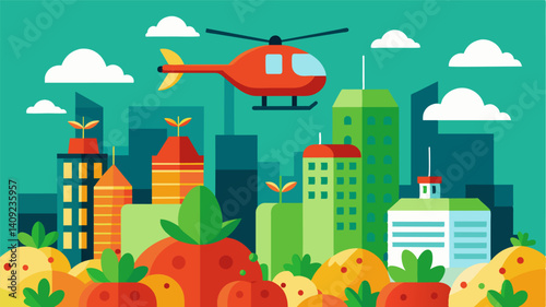 In a world where efficiency is key air taxis have revolutionized the transportation of urban farm goods ensuring that fresh locally grown produce is always just a short flight. Vector illustration