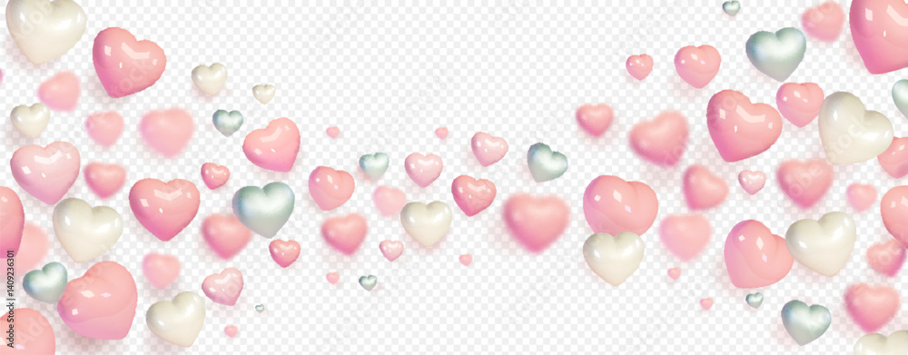 Pink and white flying hearts isolated on transparent background. Love banner. 3d balloon decorations for Valentine's day border or frame design, Wedding border Pink and white flying hearts isolated on transparent background. Love banner. 3d balloon decorations for Valentine's day border or frame design, Wedding border