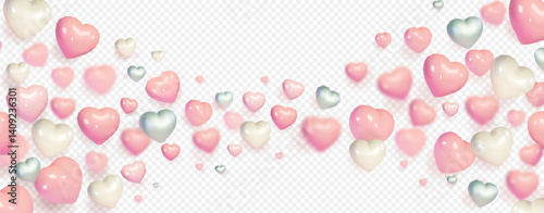Pink and white flying hearts isolated on transparent background. Love banner. 3d balloon decorations for Valentine's day border or frame design, Wedding border