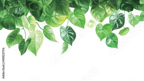 Close-up image of lush green vines with heart-shaped leaves cascading down against a pure white background. The leaves exhibit variations in shades of green