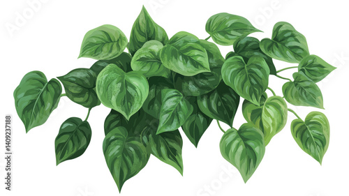 Close-up overhead shot of a vibrant green vine with numerous heart-shaped leaves. The leaves exhibit varying shades of green, suggesting depth and texture. The image is sharply focused