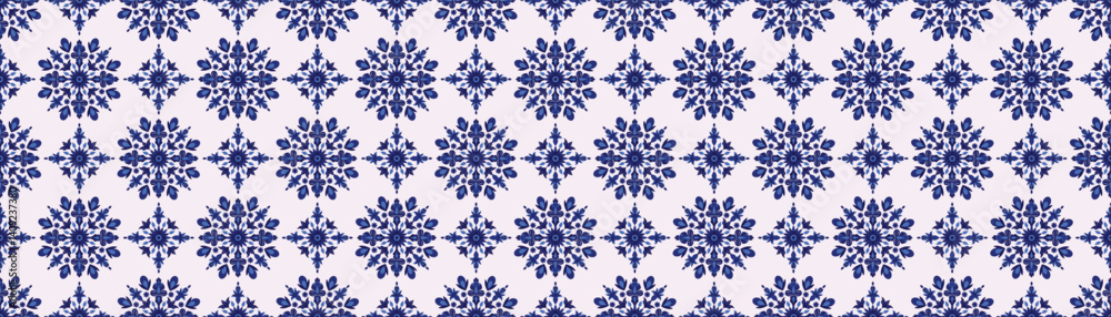 Seamless blue floral pattern in folk style. Winter seamless pattern with snowflakes. Blue ornamental snowflake and flower seamless design. Tileable winter pattern with folk floral snowflakes