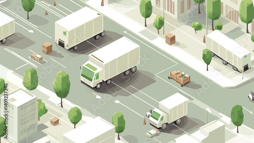 The image is a digitally rendered isometric illustration depicting a city street scene with multiple white delivery trucks.  The style is low-poly, with simplified geometric shapes used