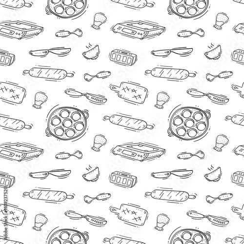 kitchen utensil pattern. kitchenware seamless pattern. doodle kitchen background