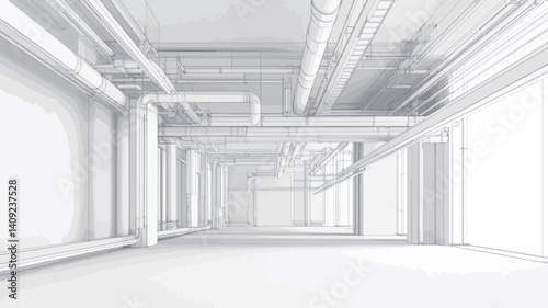 The image is a digitally rendered architectural visualization of a large, empty interior space. The space is entirely white, featuring a complex network of pipes and ducts running across 