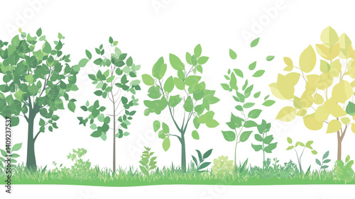 A digital illustration depicting a horizontal row of various trees and shrubs with different leaf types and shades of green and yellow.  The trees vary in size and maturity