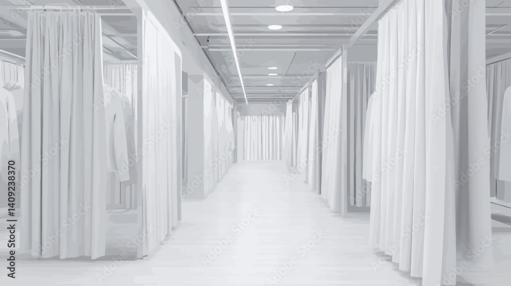 Fototapeta premium The image shows a long, brightly lit corridor. The walls and floor are white. White curtains hang from the ceiling, dividing the corridor into individual sections or rooms