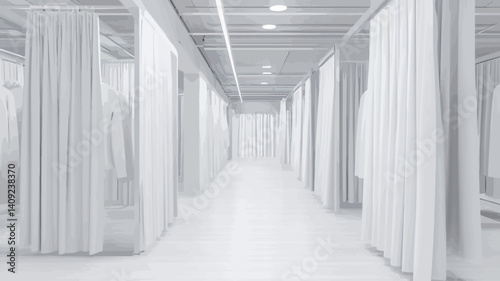 The image shows a long, brightly lit corridor.  The walls and floor are white.  White curtains hang from the ceiling, dividing the corridor into individual sections or rooms