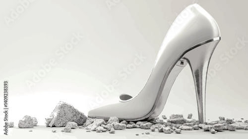 The image shows a close-up of a single, silver, high-heeled shoe, seemingly made of metal, with a highly polished, reflective surface.  The shoe is positioned at a slight angle