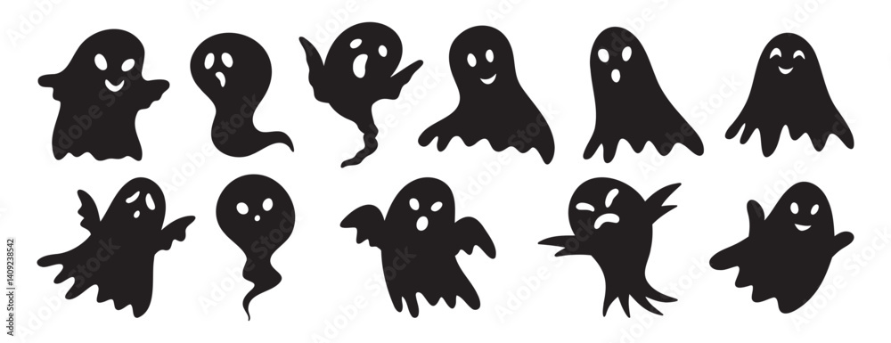 Obraz premium scary funny ghosts silhouette with faces set. Ghost Halloween decorative elements. Halloween silhouettes black ghost character