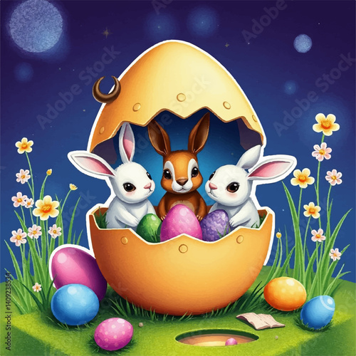 Easter vector illustration of Easter bunnies with yellow egg shell