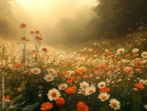 Field of flowers with misty background in warm sunlight.