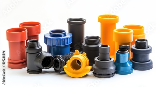 Artfully arranged colorful plumbing fittings on a white background