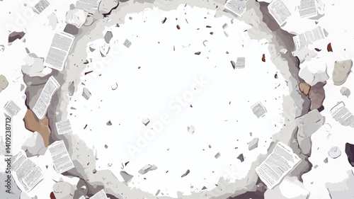 High-angle, close-up view of numerous scattered pieces of paper and book pages surrounding a central, clear white circular space. The papers appear crumpled and slightly disheveled