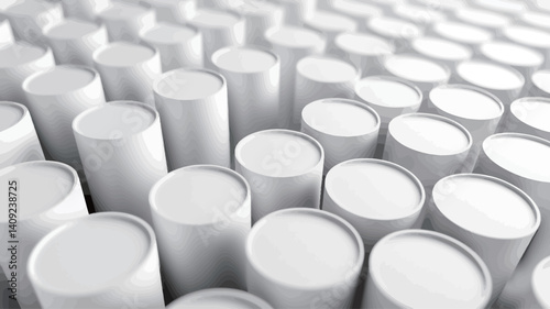 The image shows a close-up view of numerous identical white cylindrical containers arranged in neat, parallel rows and columns.  The containers are uniformly sized and positioned