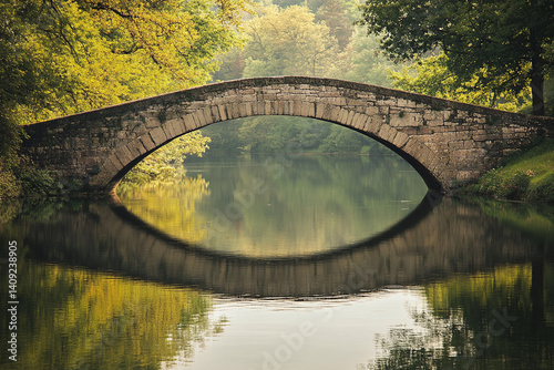 Vintage stone bridge over tranquil river, reflections and trees captured in afternoon sunlight