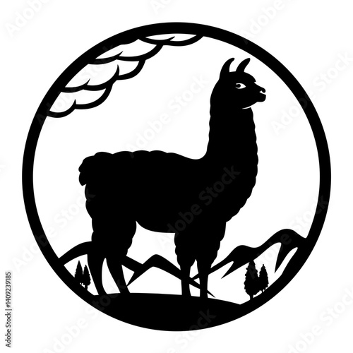 Silhouette of a llama in the mountains within a circular frame design