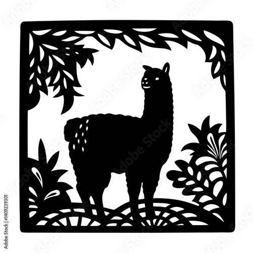 Stylized Black Silhouette of a Fluffy Llama Surrounded by Foliage
