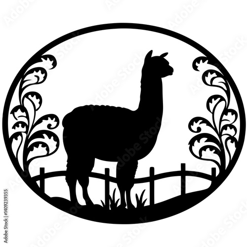 Silhouette of an Alpaca Grazing in a Field Framed by Floral Designs