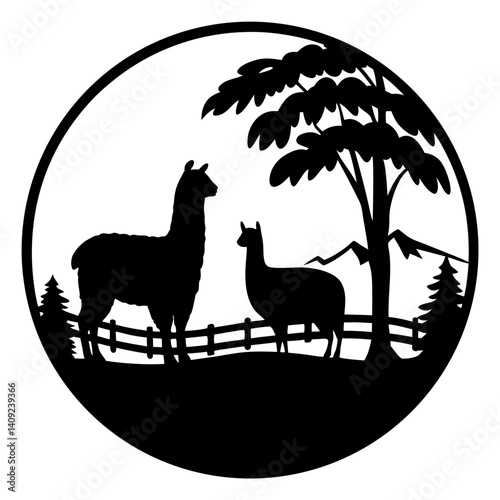 Silhouette illustration of two llamas in a scenic landscape within a circle