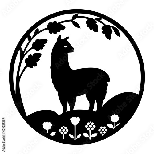 Black and white silhouette of an alpaca in a circular nature scene