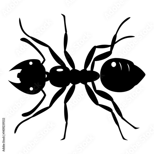 Silhouette illustration of an ant on a white background with six legs