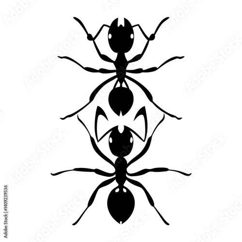 Two ants arranged vertically in the center, presented in black silhouette