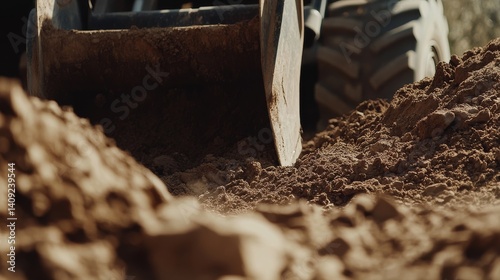Heavy equipment operator maneuvering a loader to move dirt at a construction site. Featuring strength and control photo