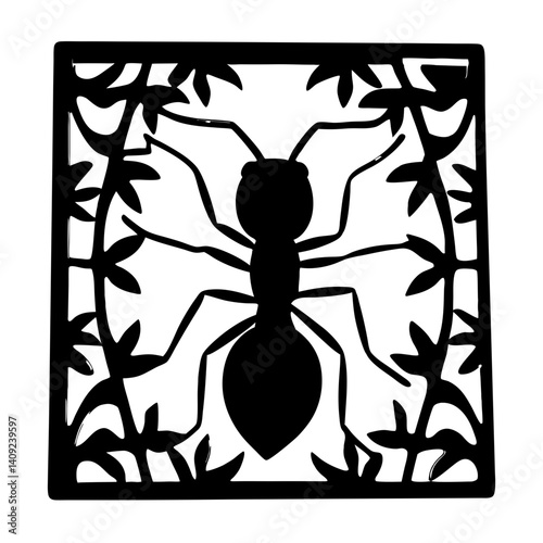 Stylized Silhouette of an Ant Surrounded by Foliage within a Square Border