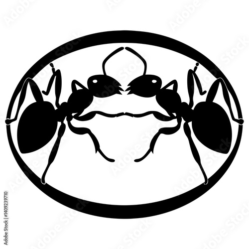 Symmetrical Ants in Silhouette Contained within Oval Shape Illustrating Insect Communication