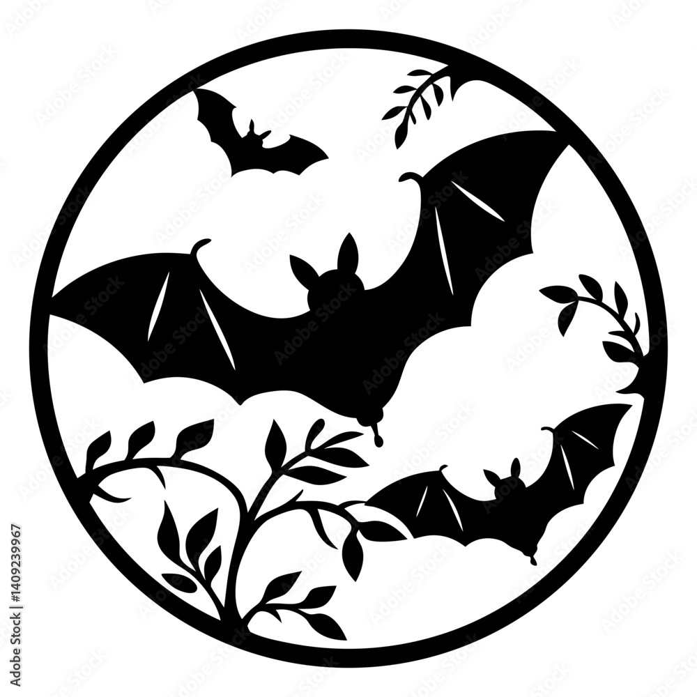 Naklejka premium Three bats flying amongst leaves, a silhouette encircled in a dark circle