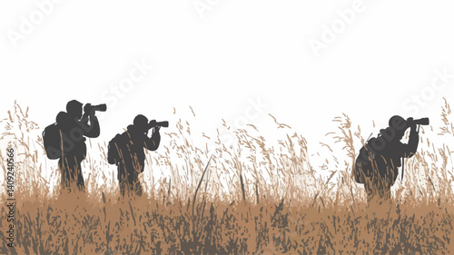 The image depicts three dark silhouettes of people, presumably birdwatchers, each holding binoculars and wearing backpacks, standing in a field of tall, dry, golden-brown grass