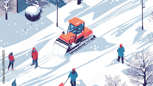 Isometric illustration depicting a snow plow clearing snow from a city street.  Several pedestrians are visible walking along the street. The illustration is rendered in a stylized