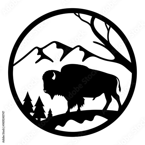 Buffalo roaming in the mountains framed within a circular design element