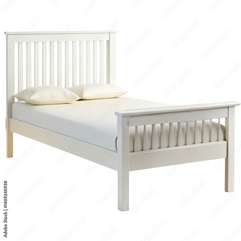 Classic white wooden bed frame with slatted headboard and footboard ideal for a cozy and traditional bedroom setting