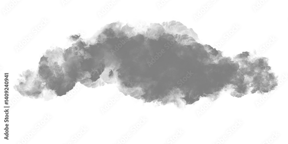 Obraz premium Volumetric gray smoke cloud isolated on white or transparent background, realistic element for overlay, fire effects, or industrial scenes