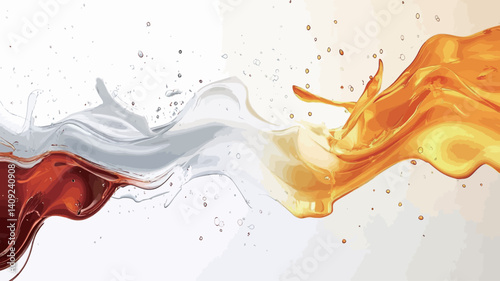 The image displays an abstract composition featuring three flowing liquid elements: white, gold, and brown.  The liquids appear to intermingle yet remain distinct in color and texture.  The gold