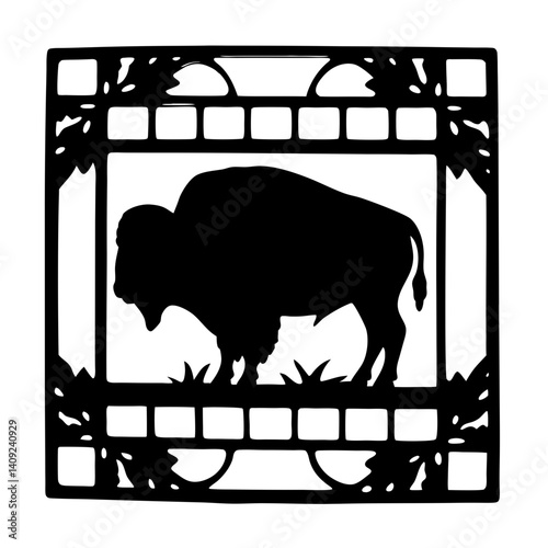 Silhouette of a Buffalo within a Decorative Botanical Frame in Black and White