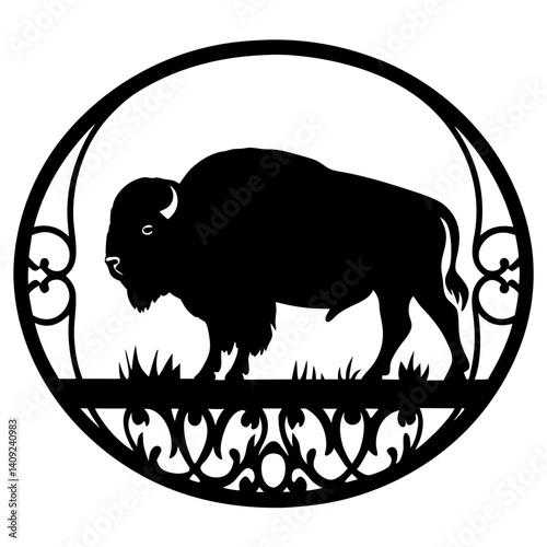 Silhouette of a Powerful Bison Surrounded by a Decorative Circular Frame