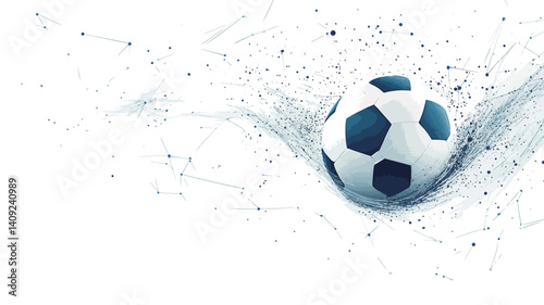 The image is a digital illustration depicting a soccer ball in motion. The ball is centrally positioned and rendered in realistic detail with a white and blue design. 