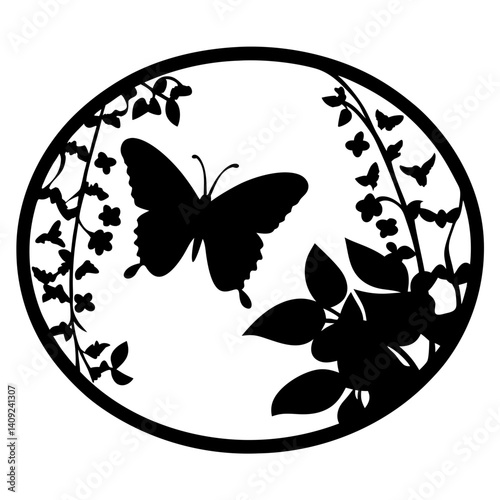 Silhouette of butterfly, leaves, and flowers framed in an oval pattern design
