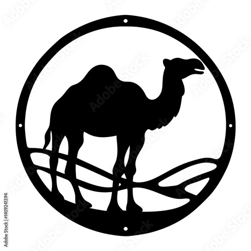 Monochrome Camel Silhouette in a Circular Frame with Desert Landscape Detail
