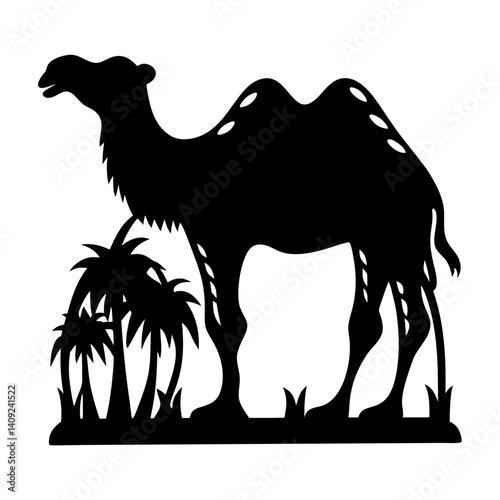 Silhouette of a majestic dromedary camel with palm trees in the desert