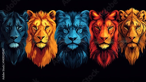Colorful Lions Group Vector Artwork with Modern Design on Dark Background photo