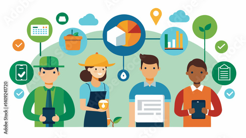 Collaboration features that allow farmers to share data and communicate with other farmers consultants and experts in their industry for advice and support.. Vector illustration
