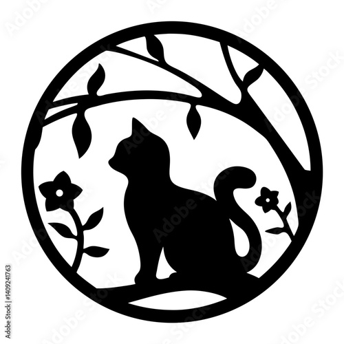 Black silhouette of a cat under a tree and next to flowers