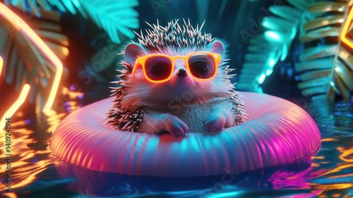 Hedgehog in sunglasses relaxing on inflatable ring amid neon lights and tropical foliage
